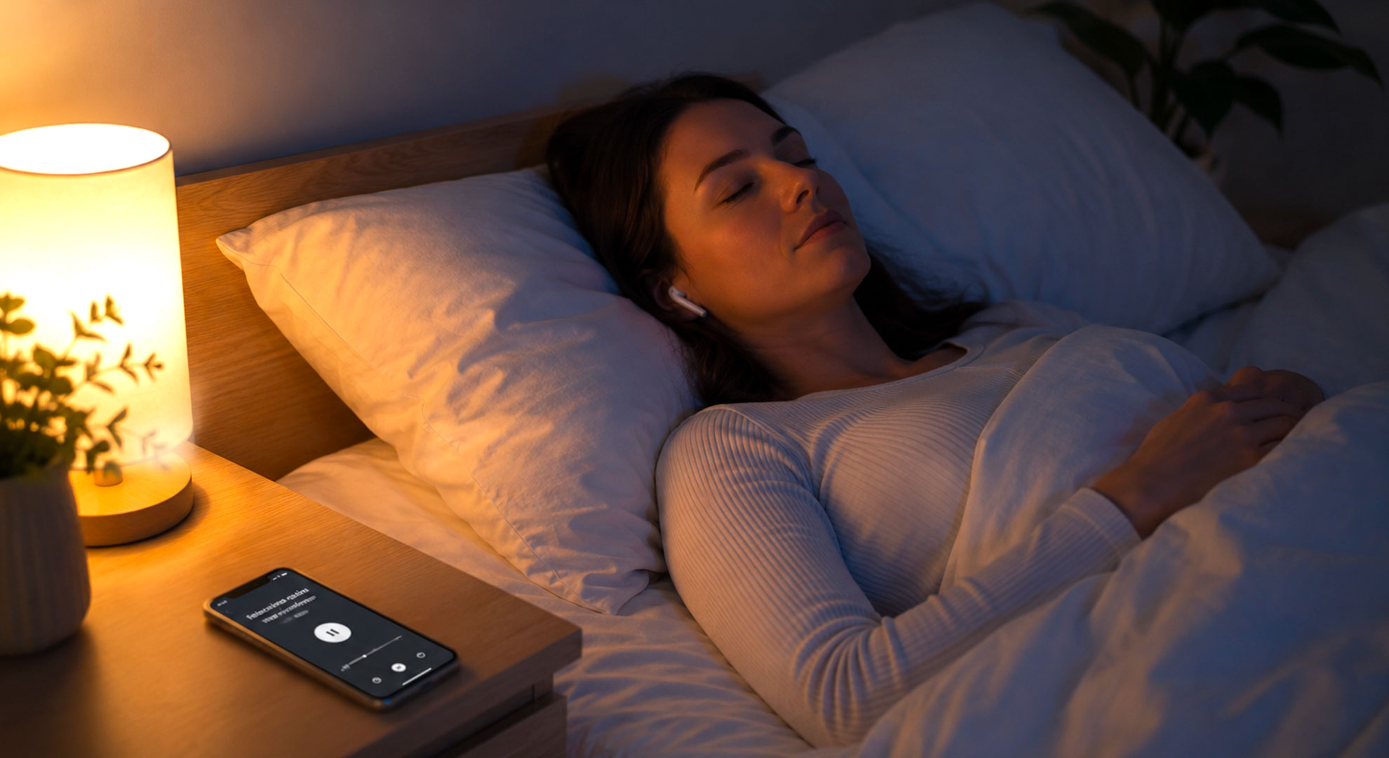femme qui se détend avec un audio pour dormir.